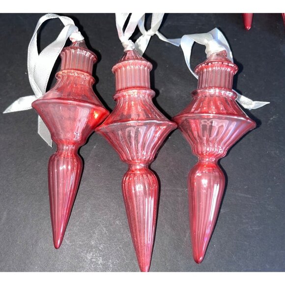 6 Vintage Style Red Glass Finial Christmas Ornaments With Ribbon Hangers - Picture 2 of 6